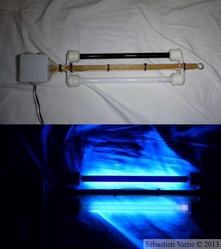 Tube fluorescent actunique et "lumière noire" de 8W montés en couplage, éteints et allumés. ("lumière noire" en haut, actinique en bas)